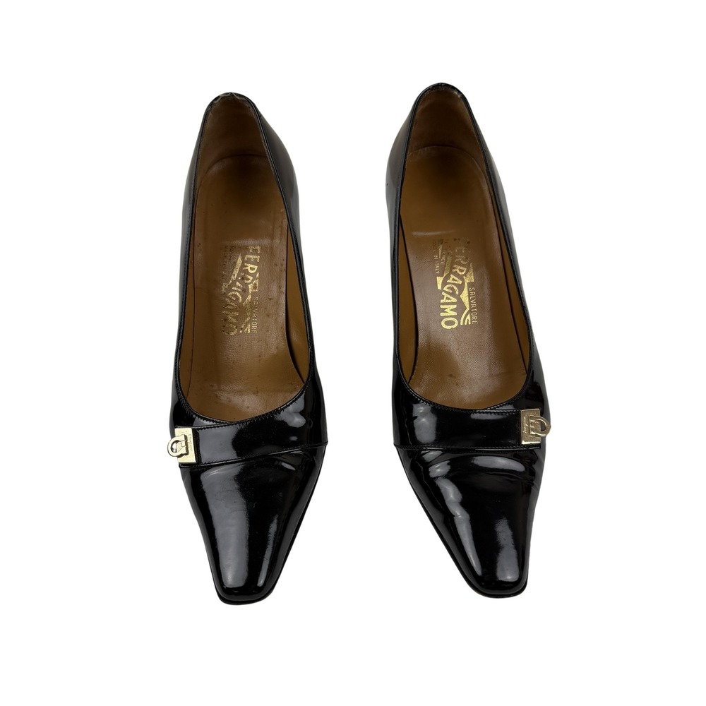 Salvatore Ferragamo Shoes Womens Size 7 Black Patent Pumps Gancini Italy FLAW